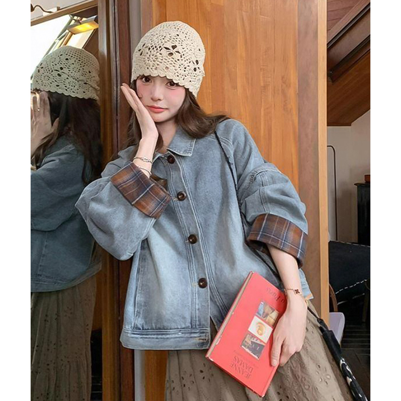 2025春秋新款韩蓝色复古慵懒风格纹拼接牛仔外套女系宽松翻领夹克