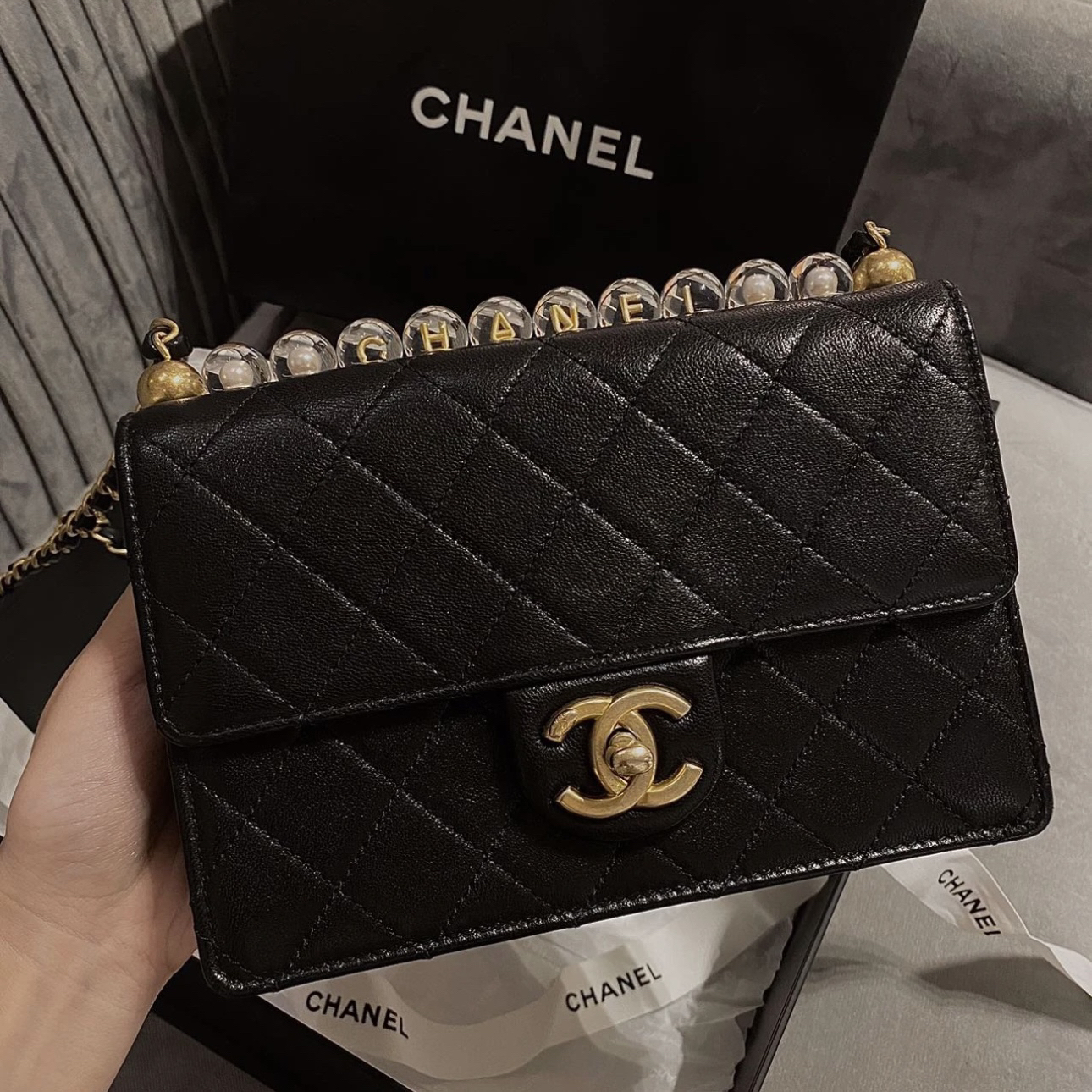 95新 Chanel/香奈儿 艾瑟尔奢品/黑金透明珍珠横版链条包/6318