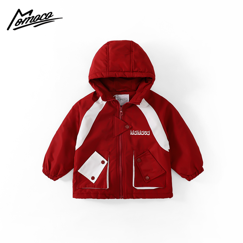 MOMOCO【厚绒】男童冬新款潮流刺绣拼接连帽外套75430107064