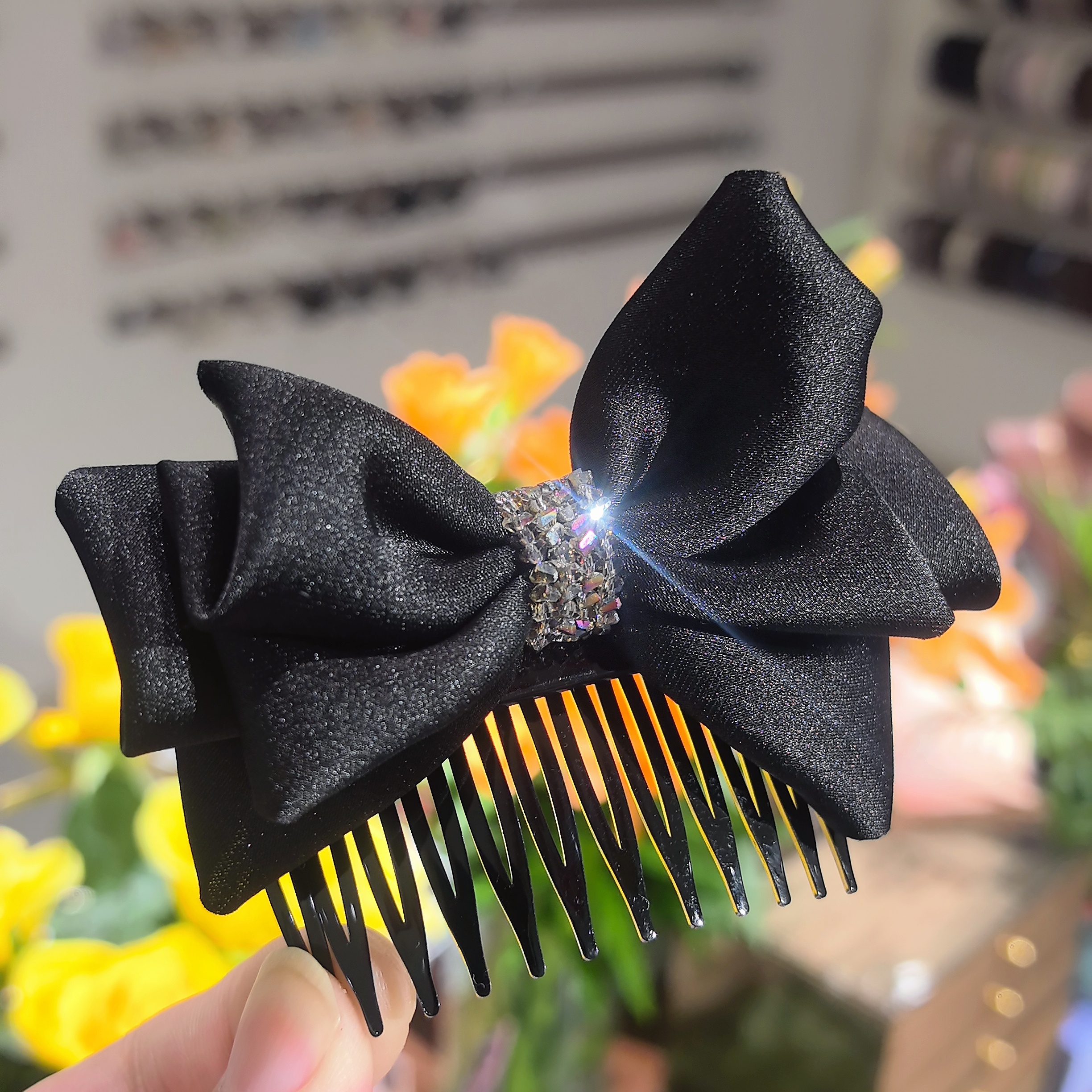 精品水晶新款精致黑色蝴蝶结点钻香槟色钻百搭插梳发夹5651