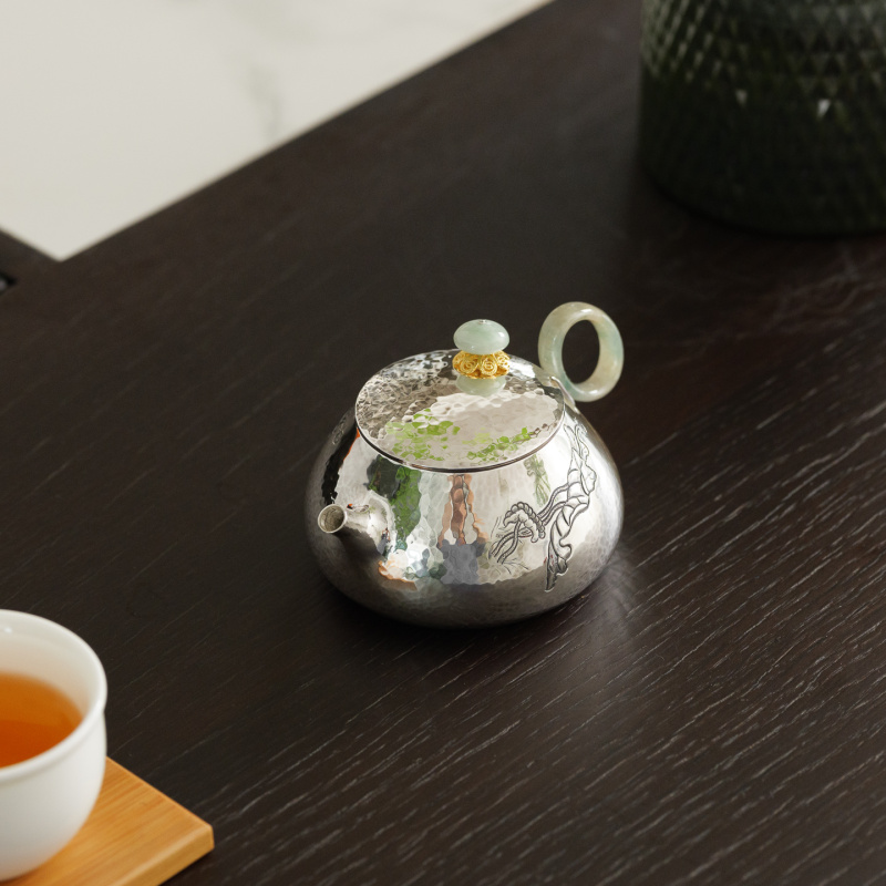 古悦悦翠系列荷影翠钮 纯手工锤纹椭圆翠钮翠把石瓢泡茶壶约140CC