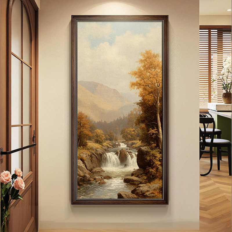 美式山水风景入户玄关装饰画流水生财走廊过道挂画中古风艺术壁画