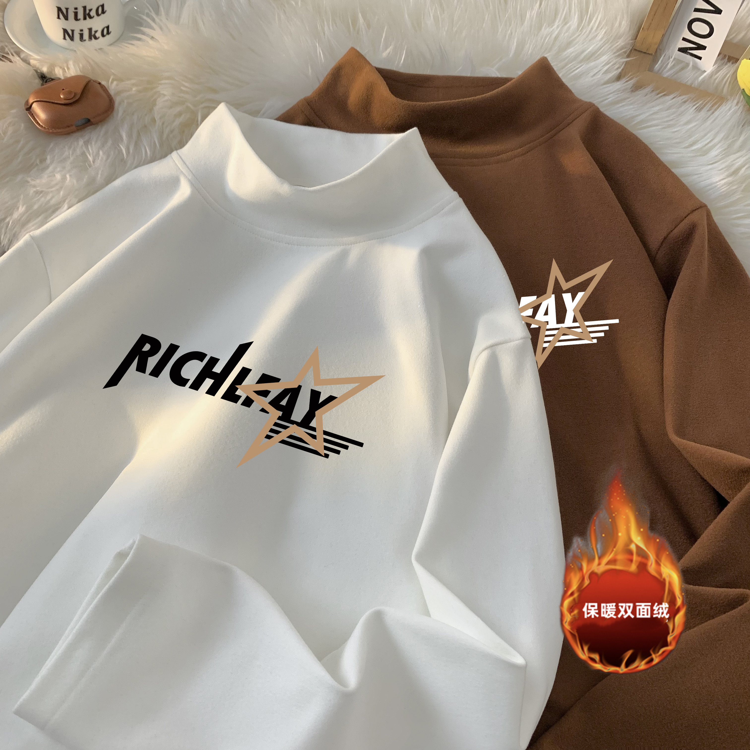 半高领长袖t恤男款秋冬季潮牌宽松德绒打底衫中领保暖内搭上衣服