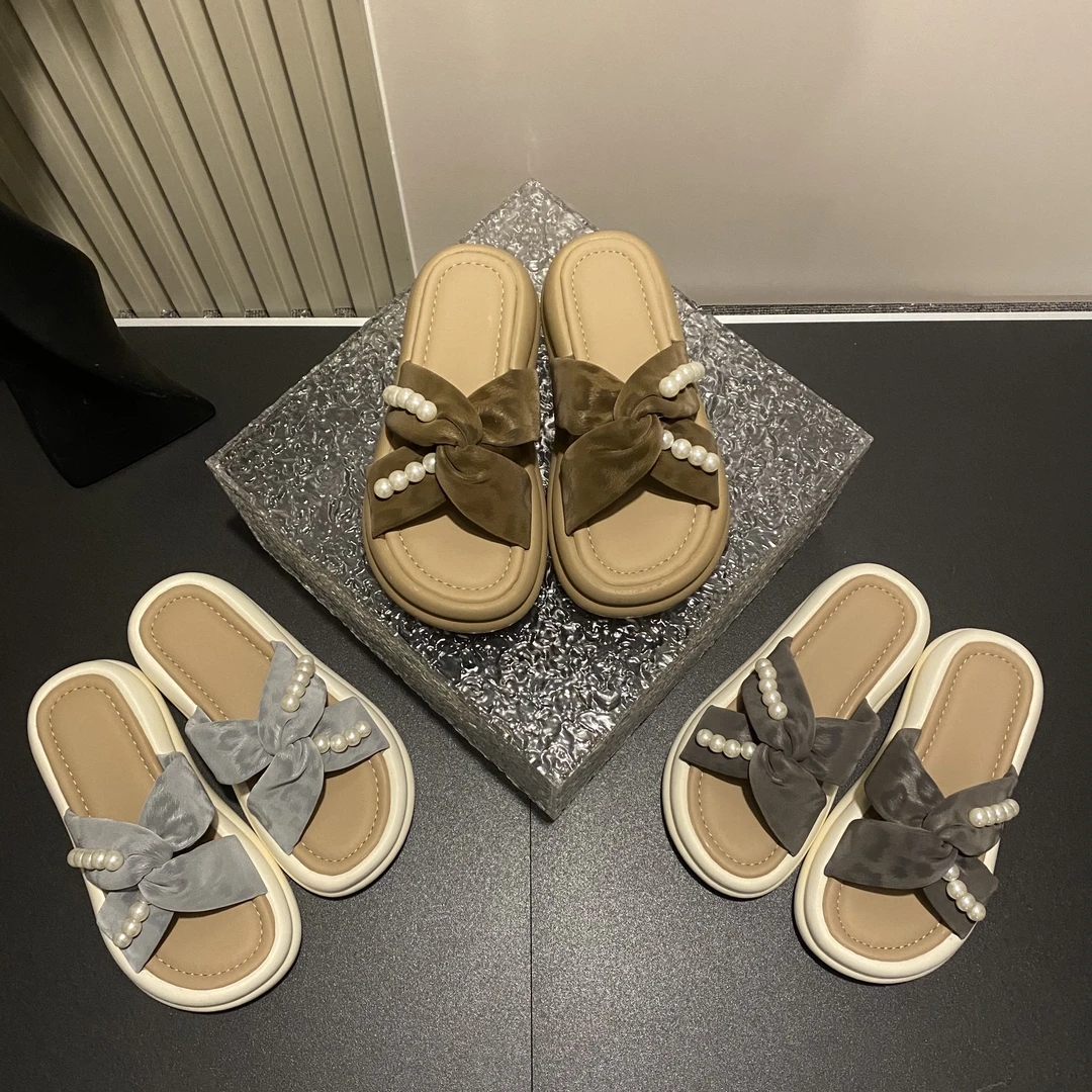 2025夏季新款豹纹交叉珍珠柔软带百搭时尚外穿女厚底舒适女拖鞋