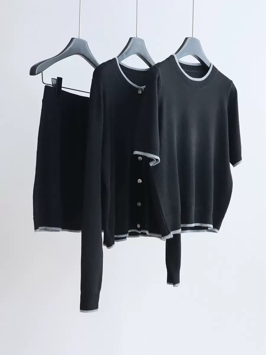 25早春M1U风三件套羊毛短袖/针织开衫/短裙减龄撞色套装通勤简