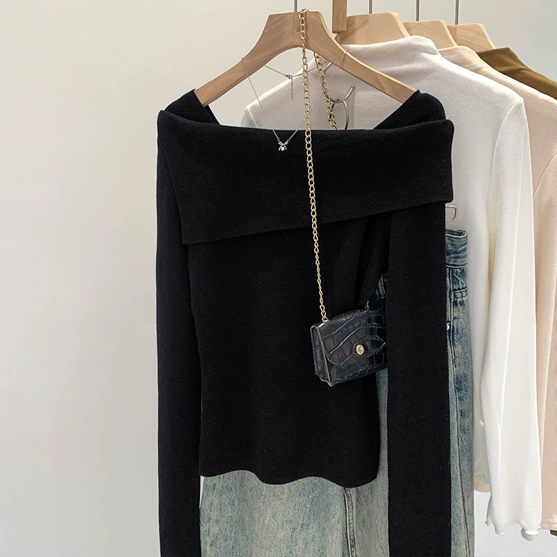 轻职风树脂固色针织长袖毛针织衫设计感显瘦打底衫一字肩纯色毛衣