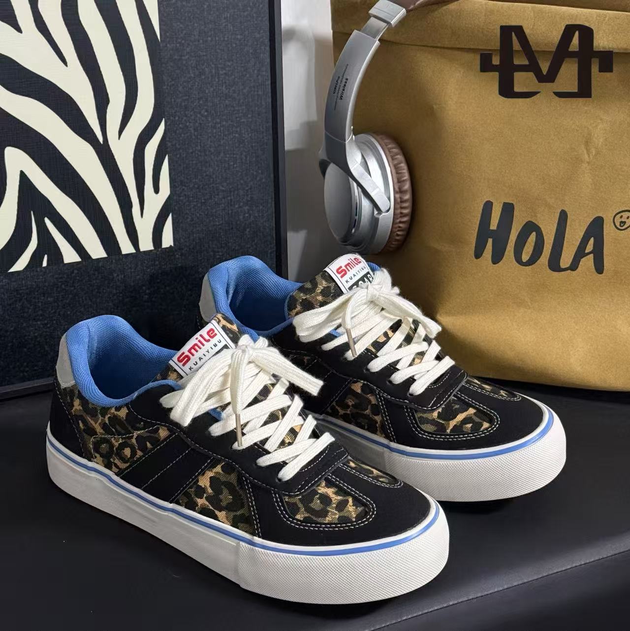 【原创设计】男士复古豹纹小众痞帅2026新款厚底板鞋潮流款