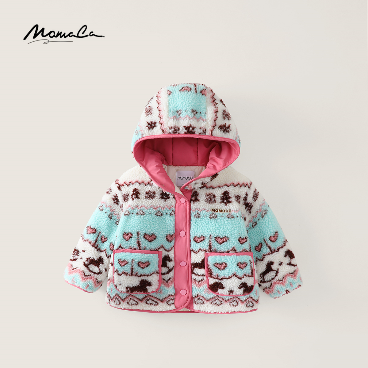 MOMOCO冬季女童新款洋气费尔岛风格保暖连帽毛毛外套77830107014