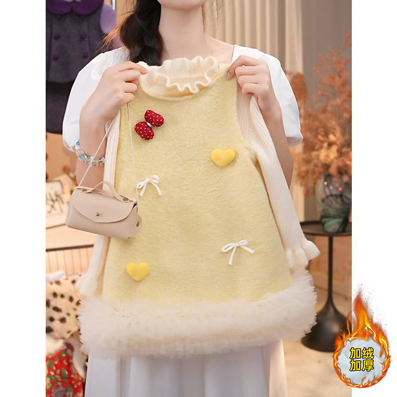 女童卡通连衣裙秋冬款半高领毛衣花边背心加厚加绒公主裙子小香风