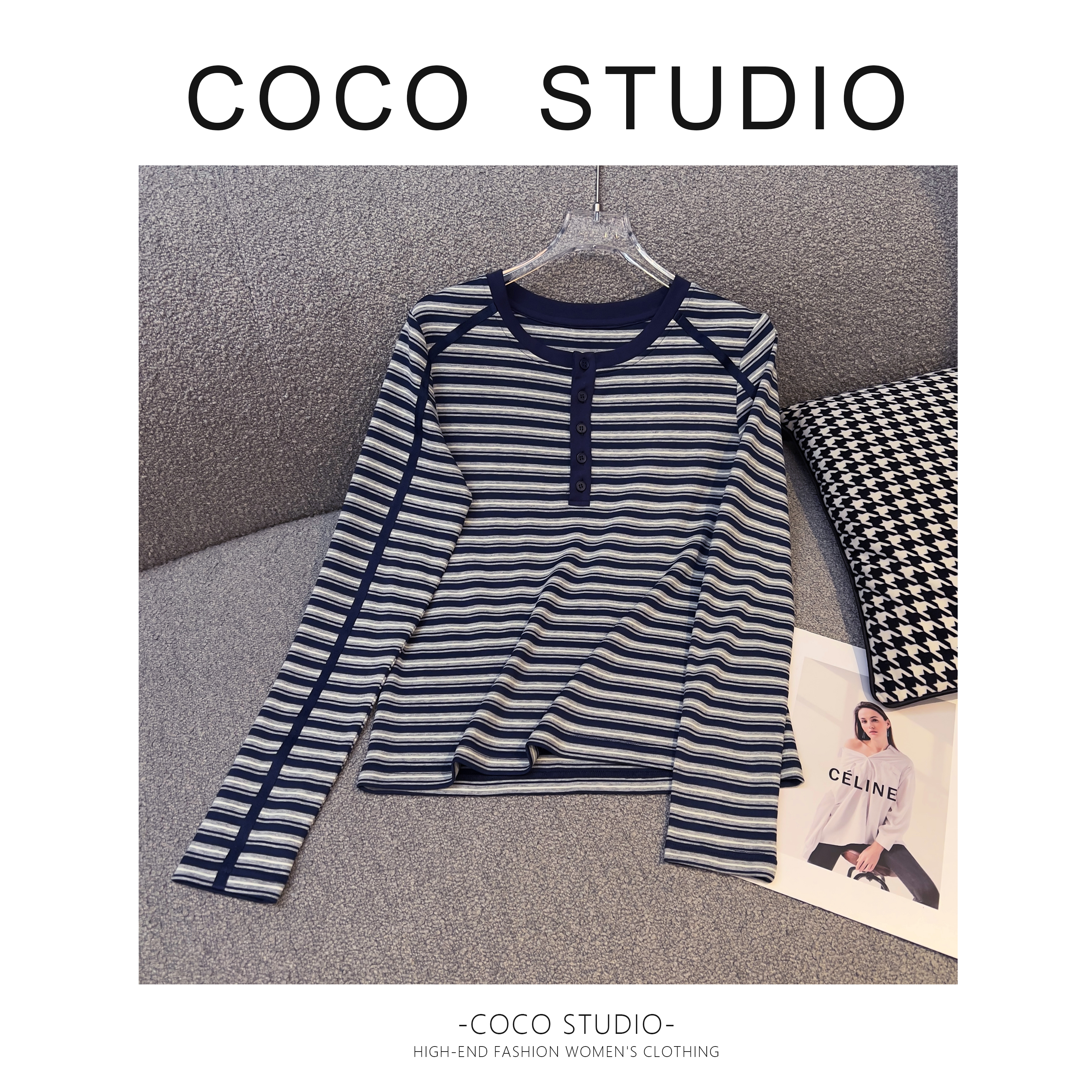 条纹系秋季原创新款户外时尚纯棉女装修身显瘦长袖T恤DDS042