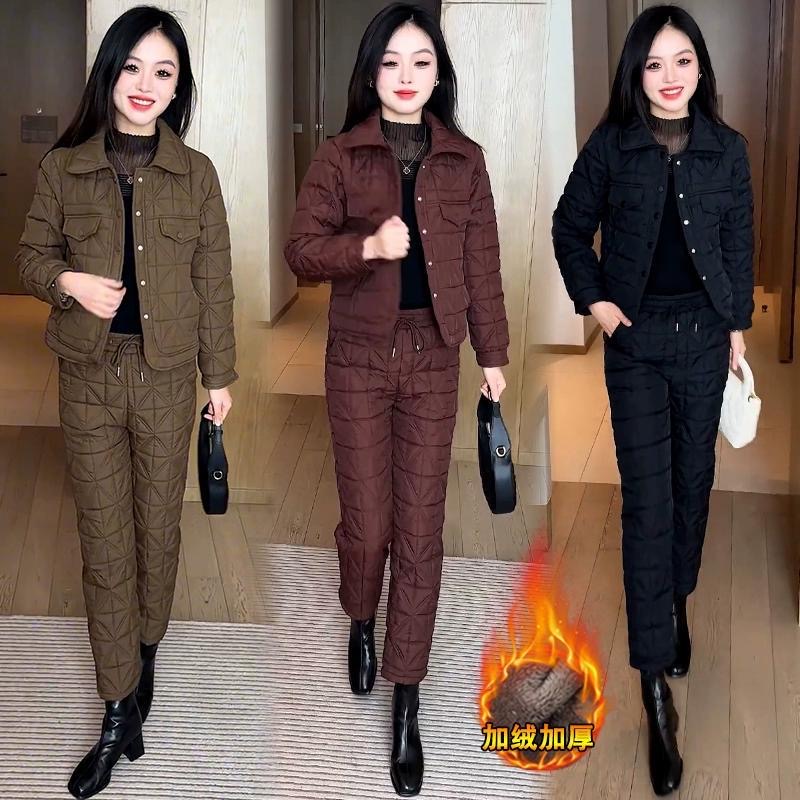 加绒加厚时尚套装女2025冬季新款洋气显瘦菱形格棉衣棉裤两件套潮