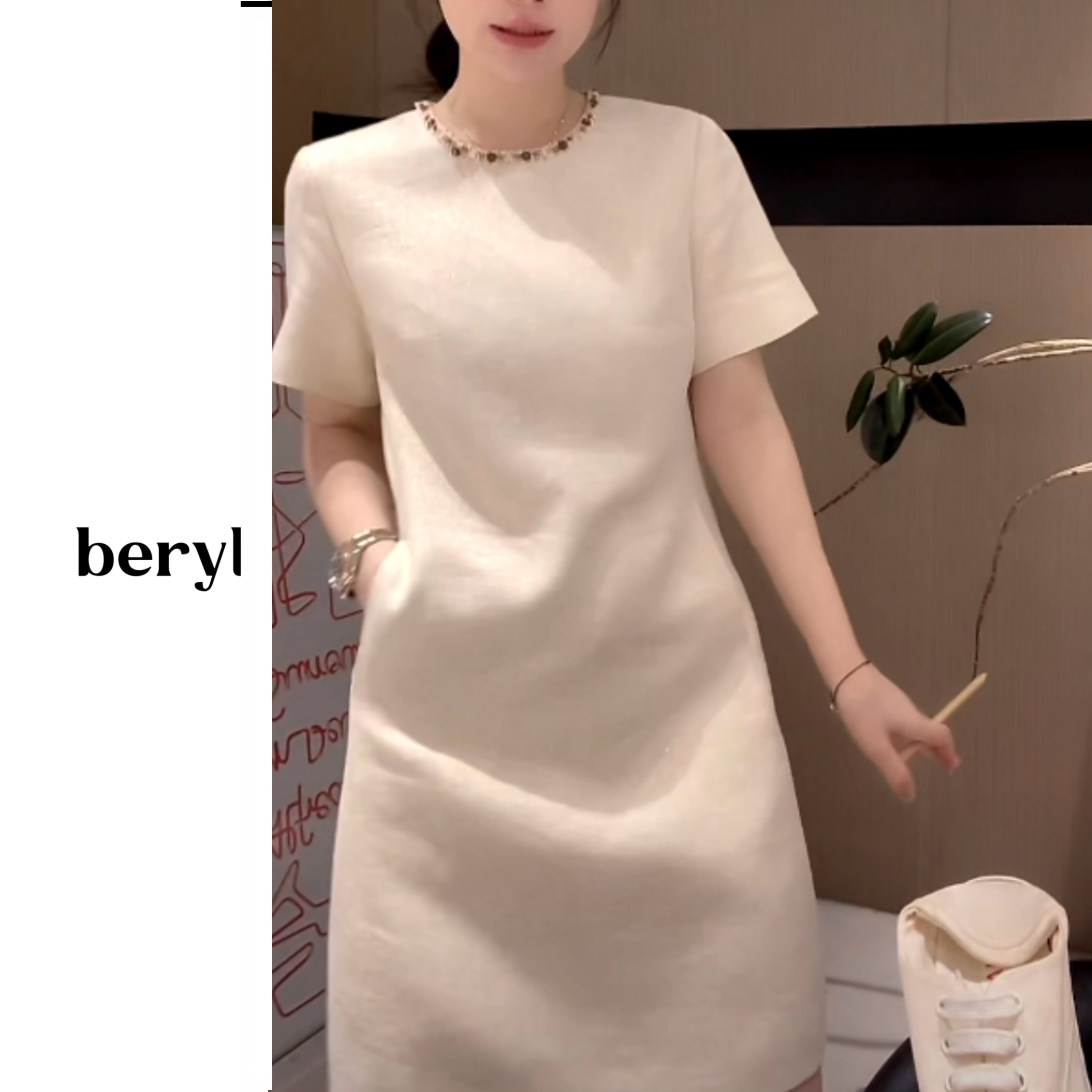 夏季高级感彩色钉珠亚麻连衣裙B8021