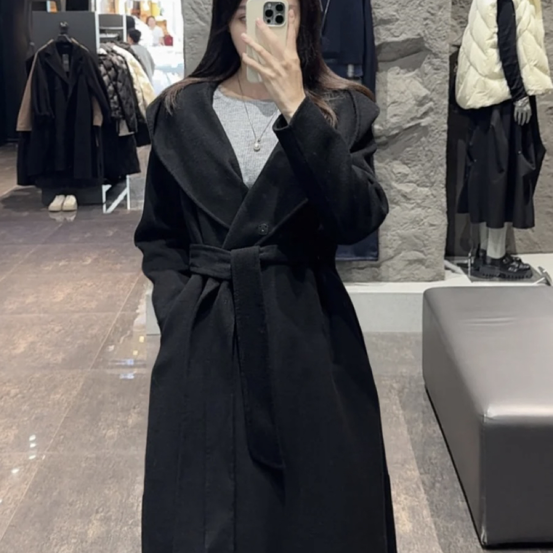 S·DEER圣迪奥女装时尚气质休闲连帽收腰长款毛呢大衣S22482512