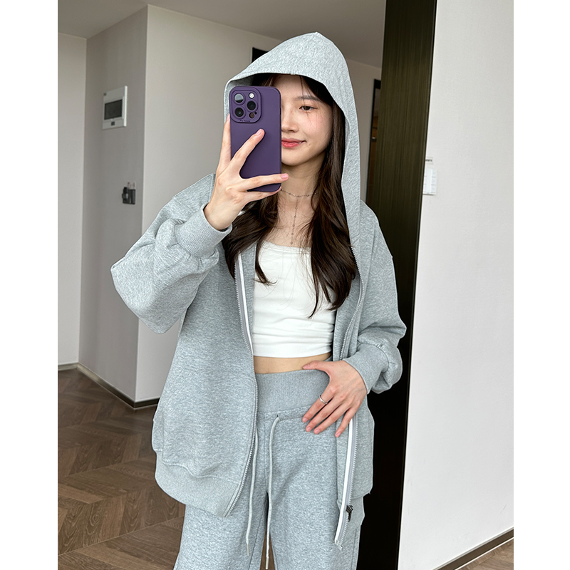 灰色连帽卫衣女2024秋季高个子韩版学生宽松显瘦休闲开衫外套冬