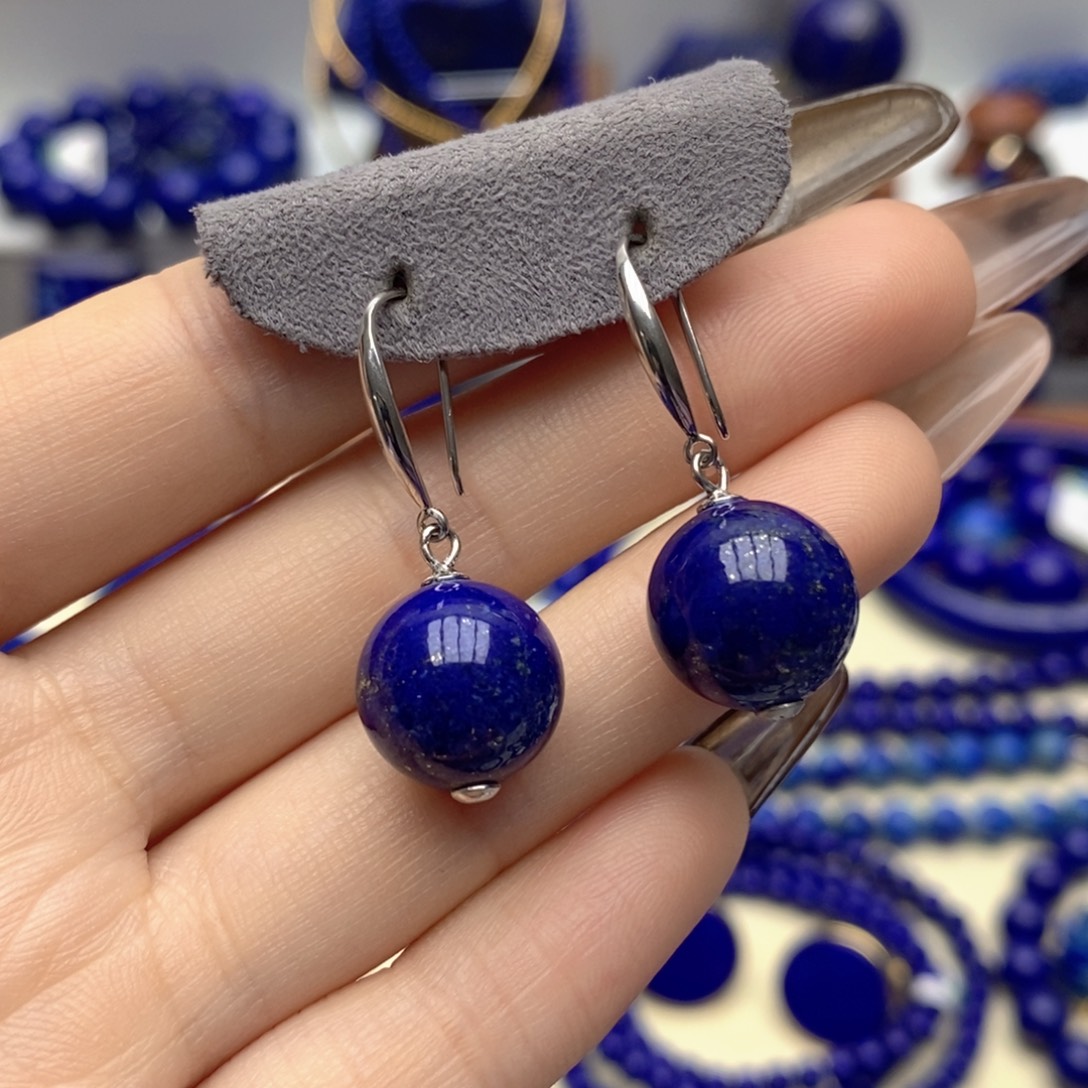 青金石银S925镶嵌耳饰12mm