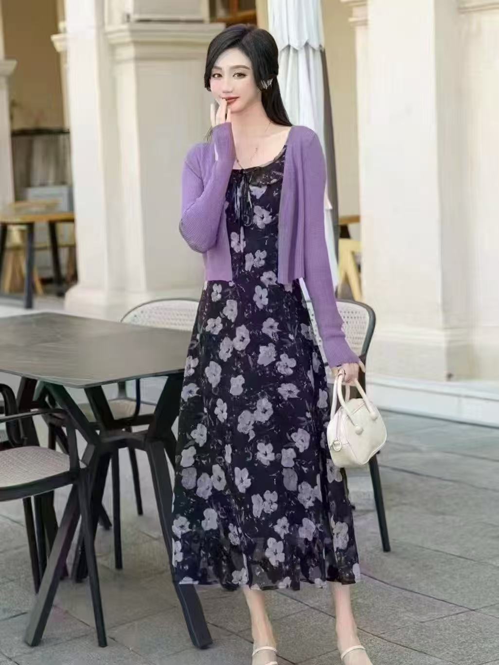 法式温柔印花吊带连衣裙加紫色长袖开衫两件套显瘦遮肚子647