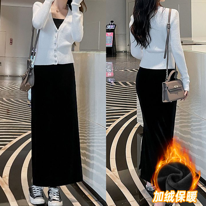 【运费补贴】丝绒长裙黑色ins风开叉女包臀裙外穿百搭半身裙