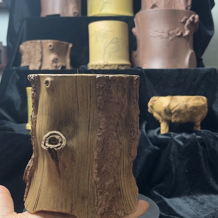 泥塑全手工制作树桩笔筒