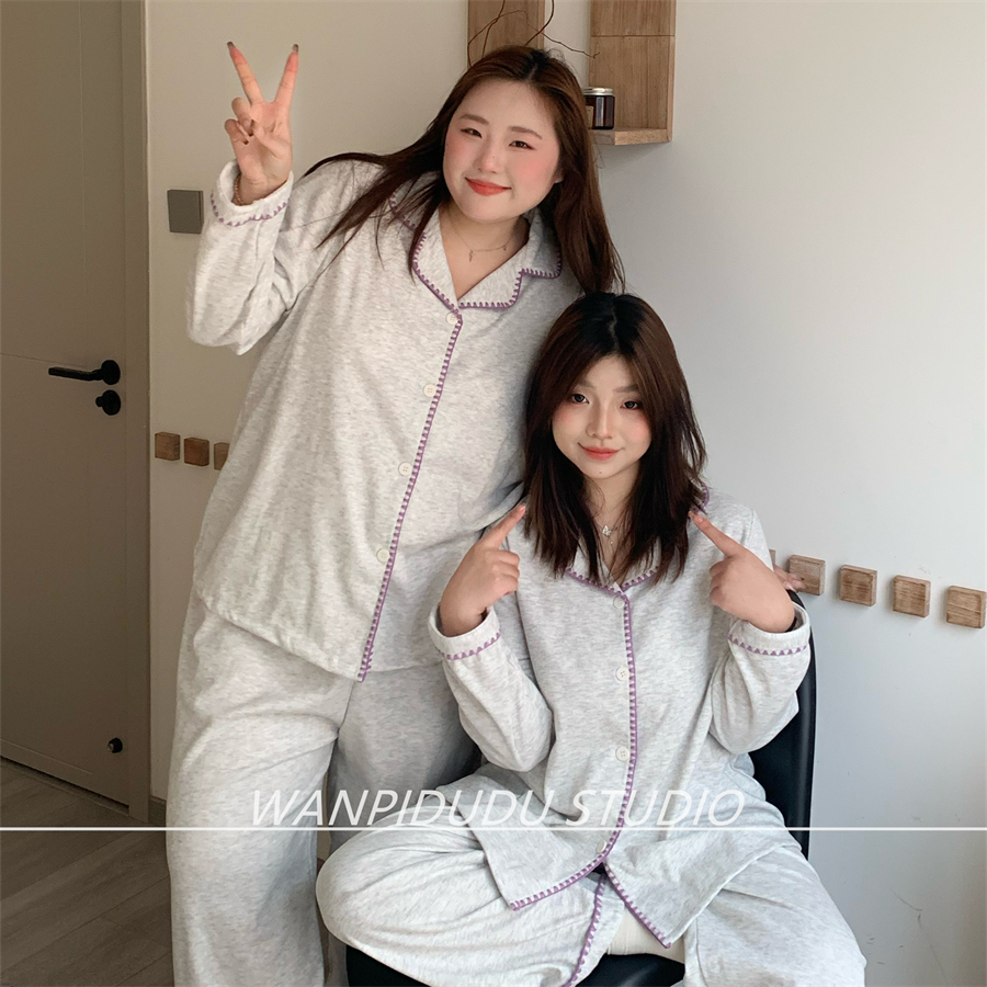 大码睡衣胖MM200斤秋冬长袖长裤羊羔绒紫贝壳宅家休闲