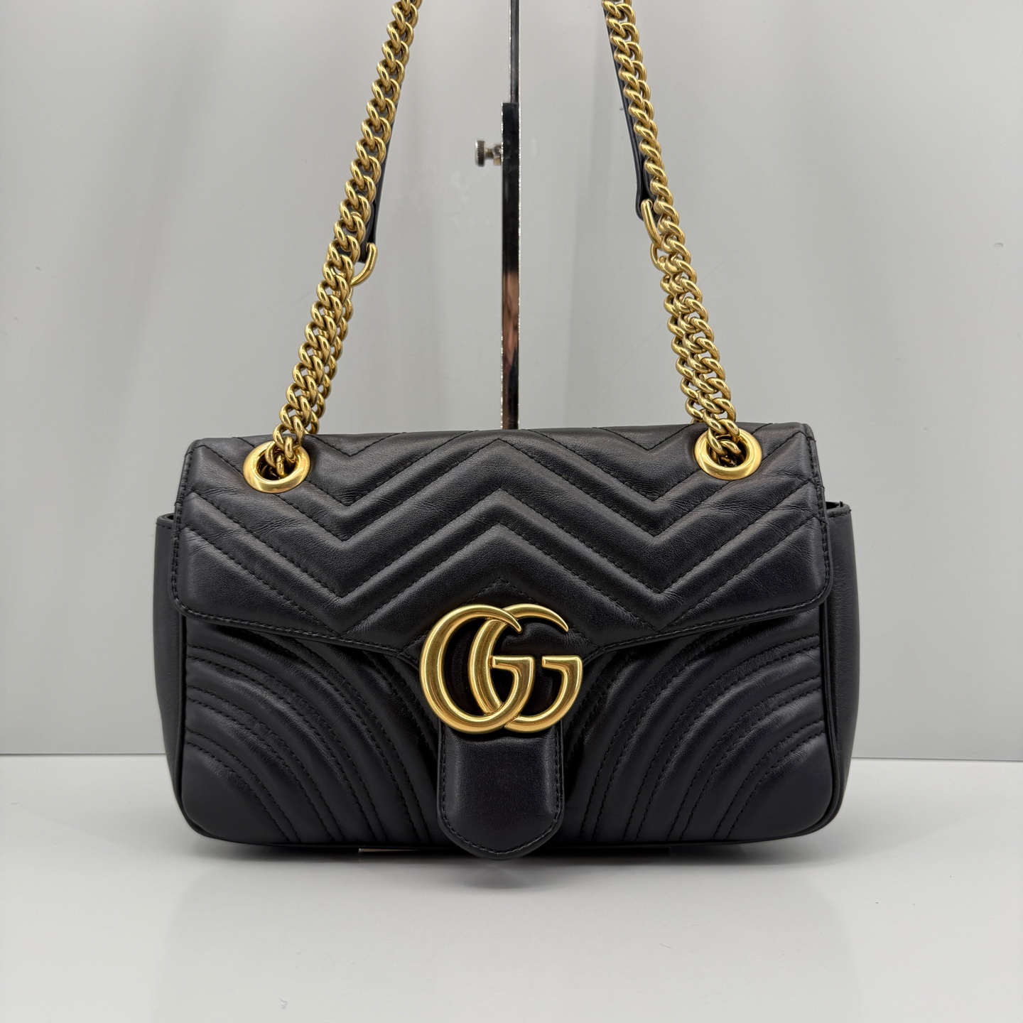95新 GUCCI/古驰 优选/马蒙26黑金链条包黑标025/26×15×7/Z091911