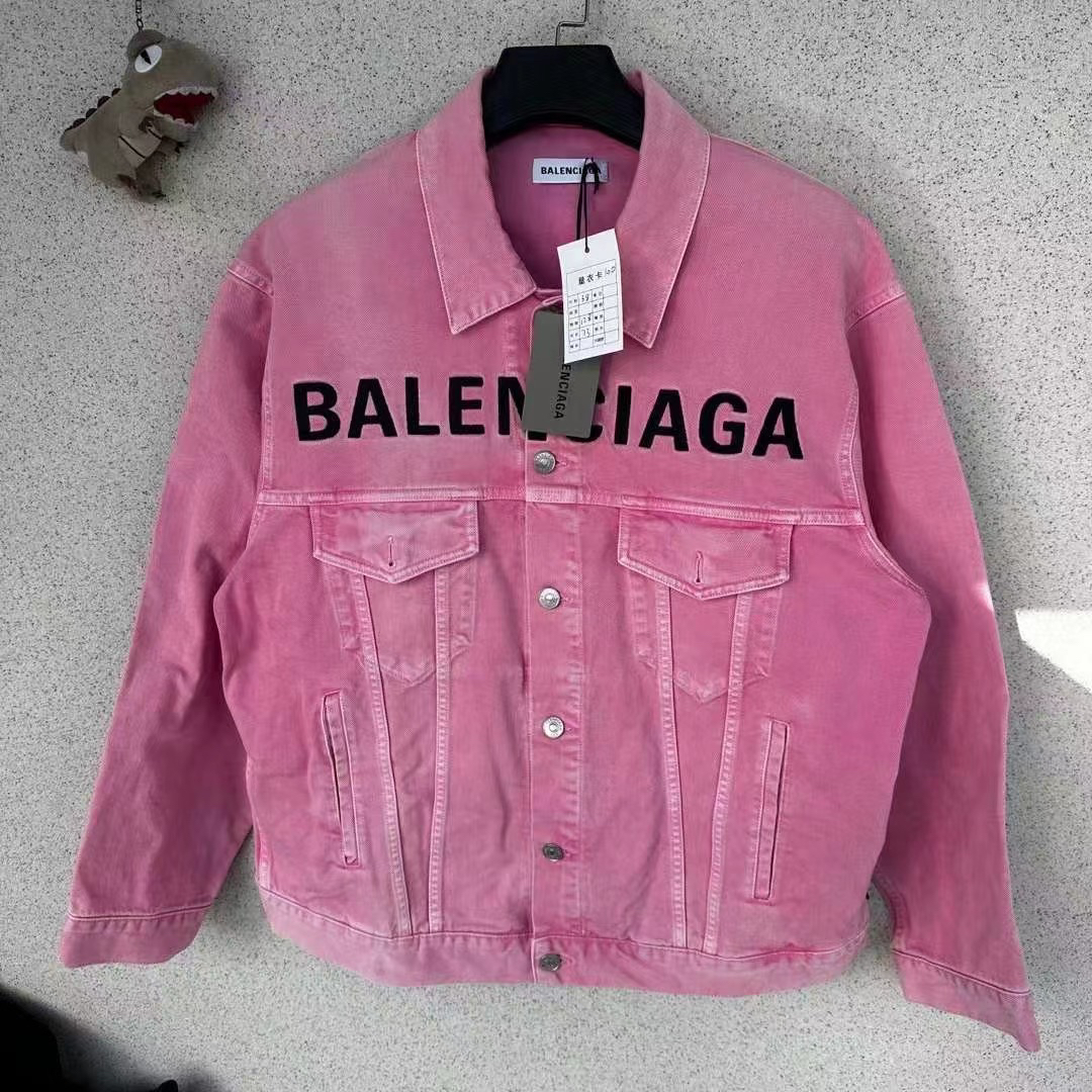 99新 Balenciaga/巴黎世家 粉色做旧胸前logo牛仔夹克/38码