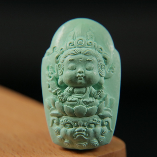 原矿绿松石菜籽黄文殊菩萨宝宝佛吊坠，20.5×33.4×12mm，重10.37g