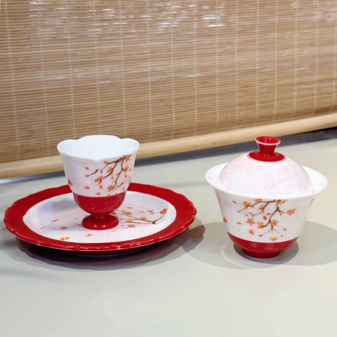 【朱墙映雪杯组】中式粉红冬日梅花文创杯子 桌面摆件 7595