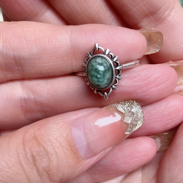 透闪石-蛇纹石玉戒指银S925镶嵌