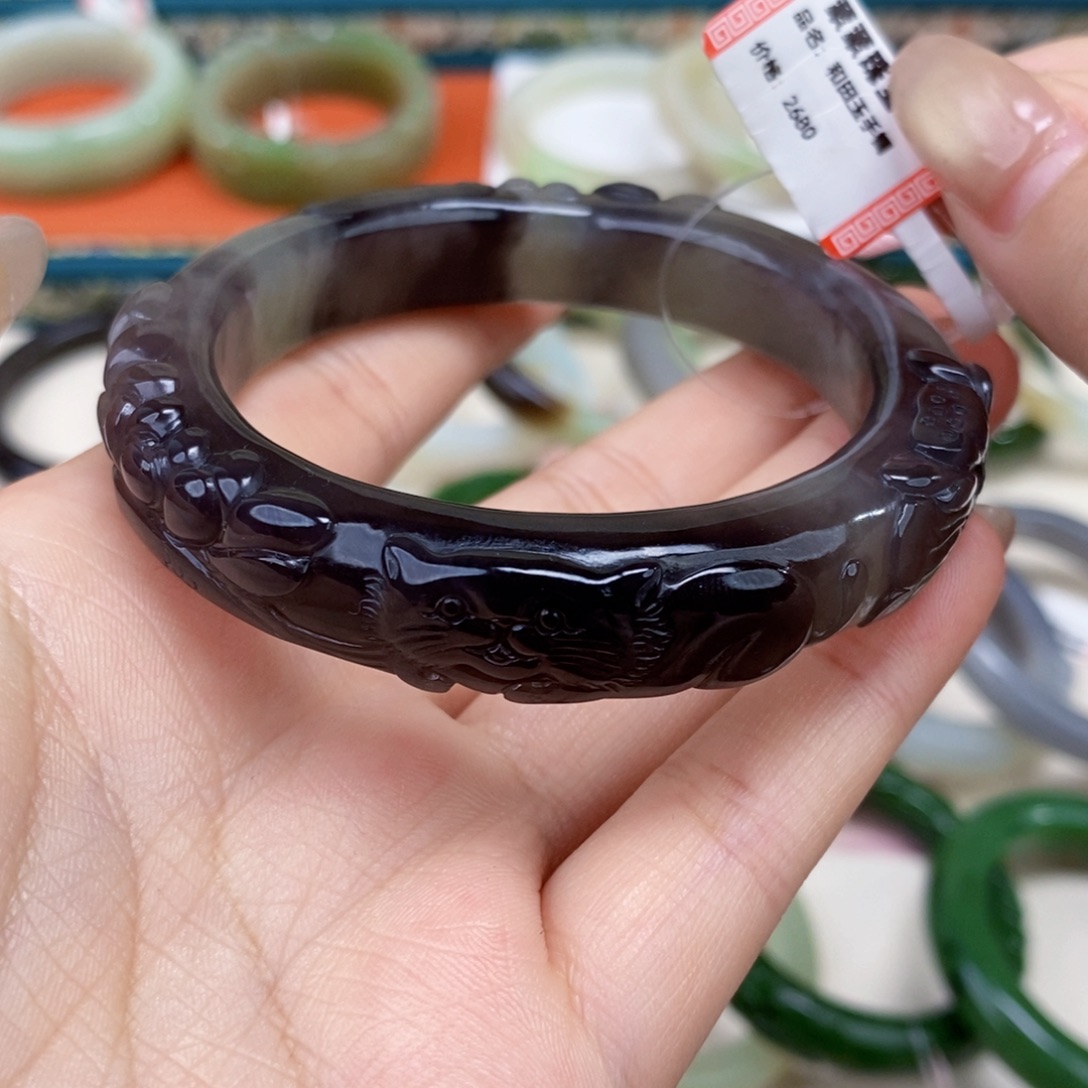 妍***初和田玉未镶嵌手镯冰底紫手镯56#