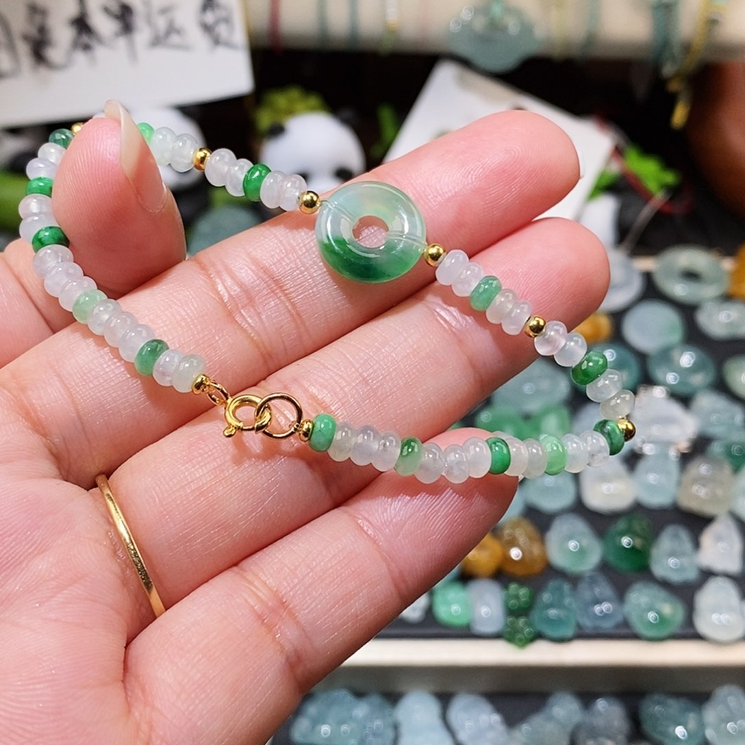 翡翠未镶嵌颈饰飘花甜甜圈手链16