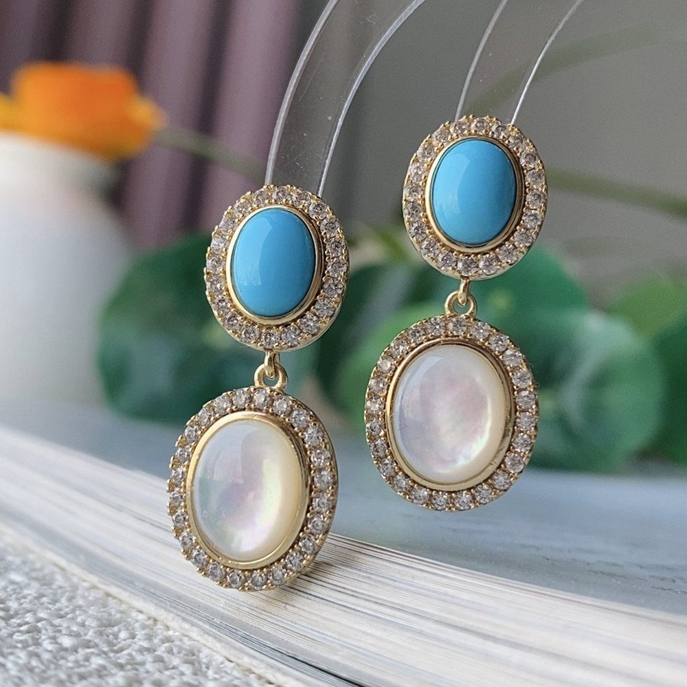 湖北十堰天然原矿绿松石耳钉中国风镶嵌欧美复古简约气质