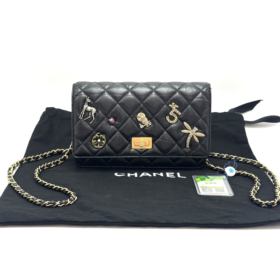 95新 Chanel/香奈儿 黑金2.55徽章woc单肩斜挎链条包 01059