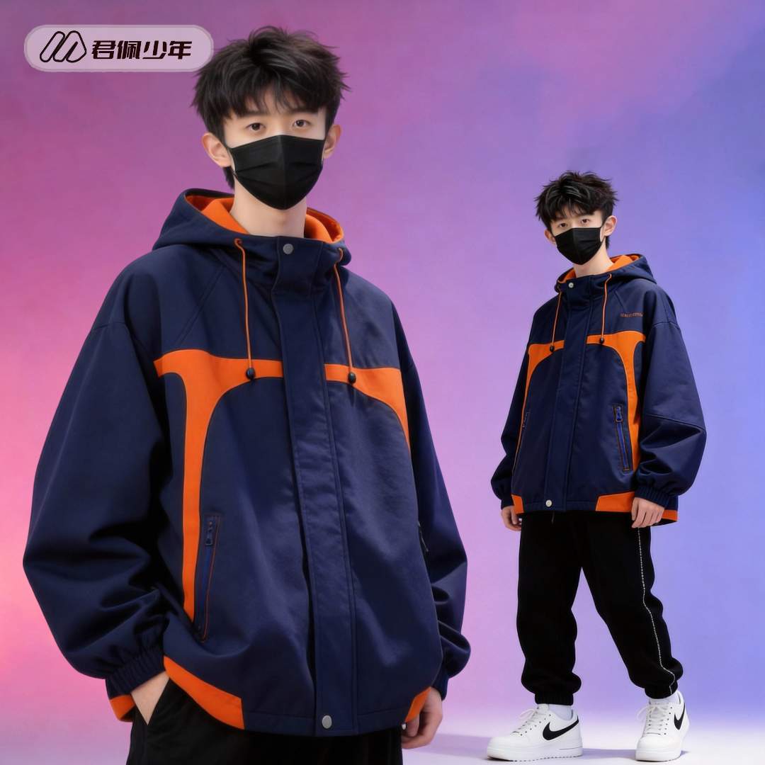 青少年派克服户外冲锋衣拉链男外套时尚运动冬季长袖厚上衣收口袖