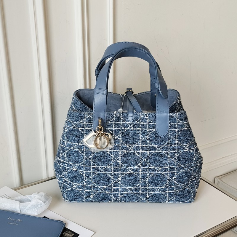 99新 DIOR/迪奥 Azul - 蓝色毛巾布刺绣toujours中号托特包 53611