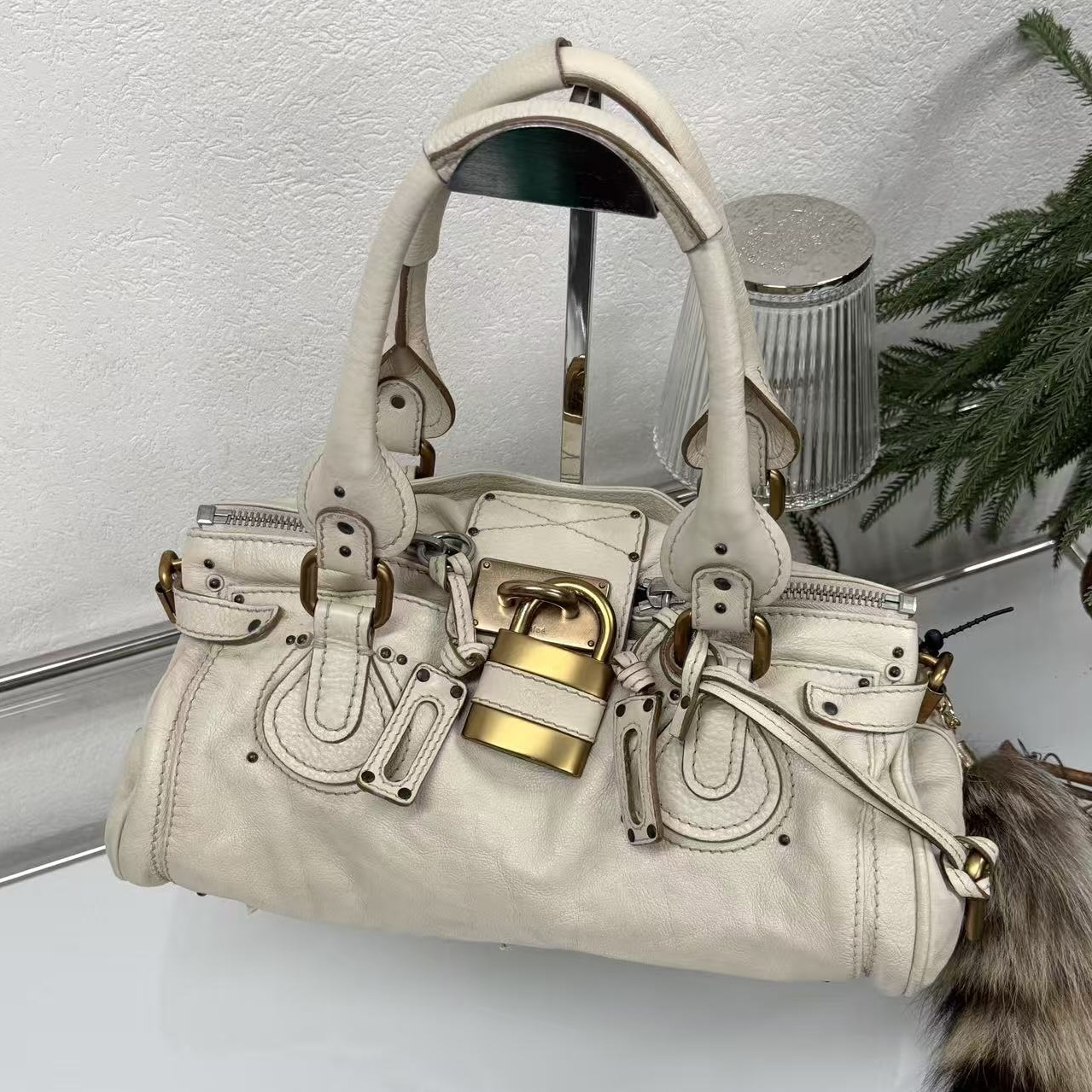 95新 Chloe/蔻依 复古奶白色帕丁顿锁头腋下包时尚