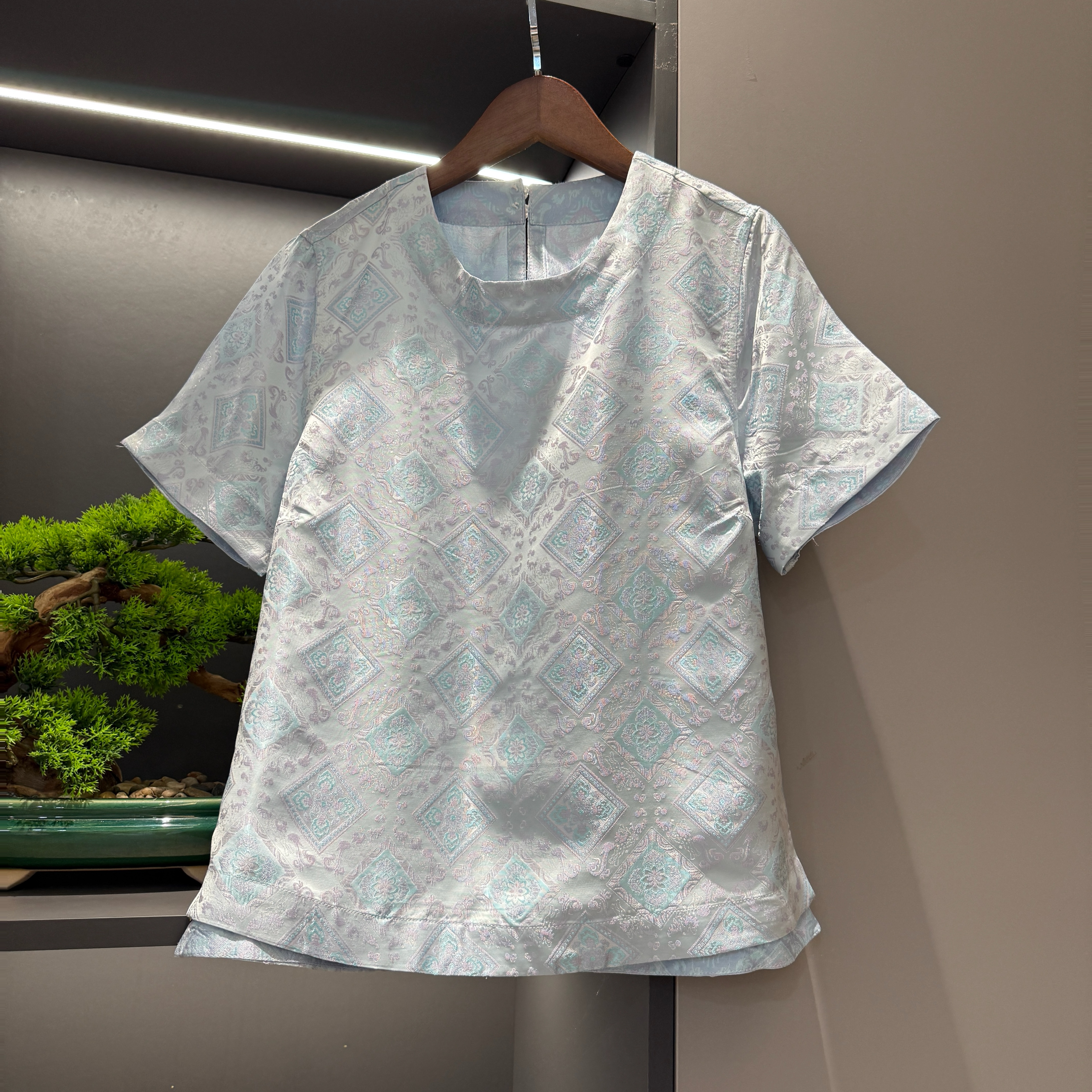 中式上衣复古传统改良短袖菱格夏季女装宽松气质上衣5015