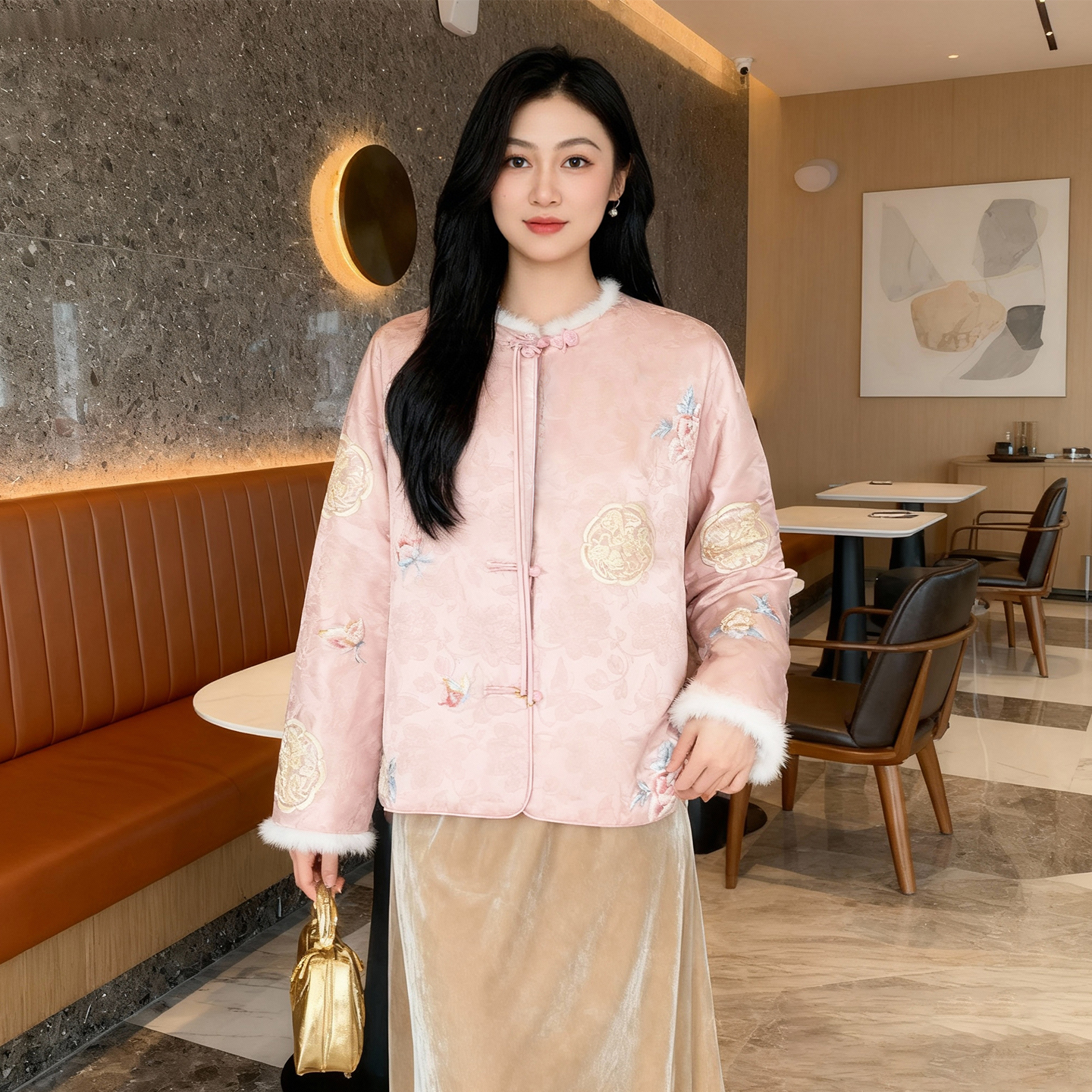 粉色水貂毛新中式棉衣棉服女冬重工刺绣流苏玉石盘扣国风夹棉外套