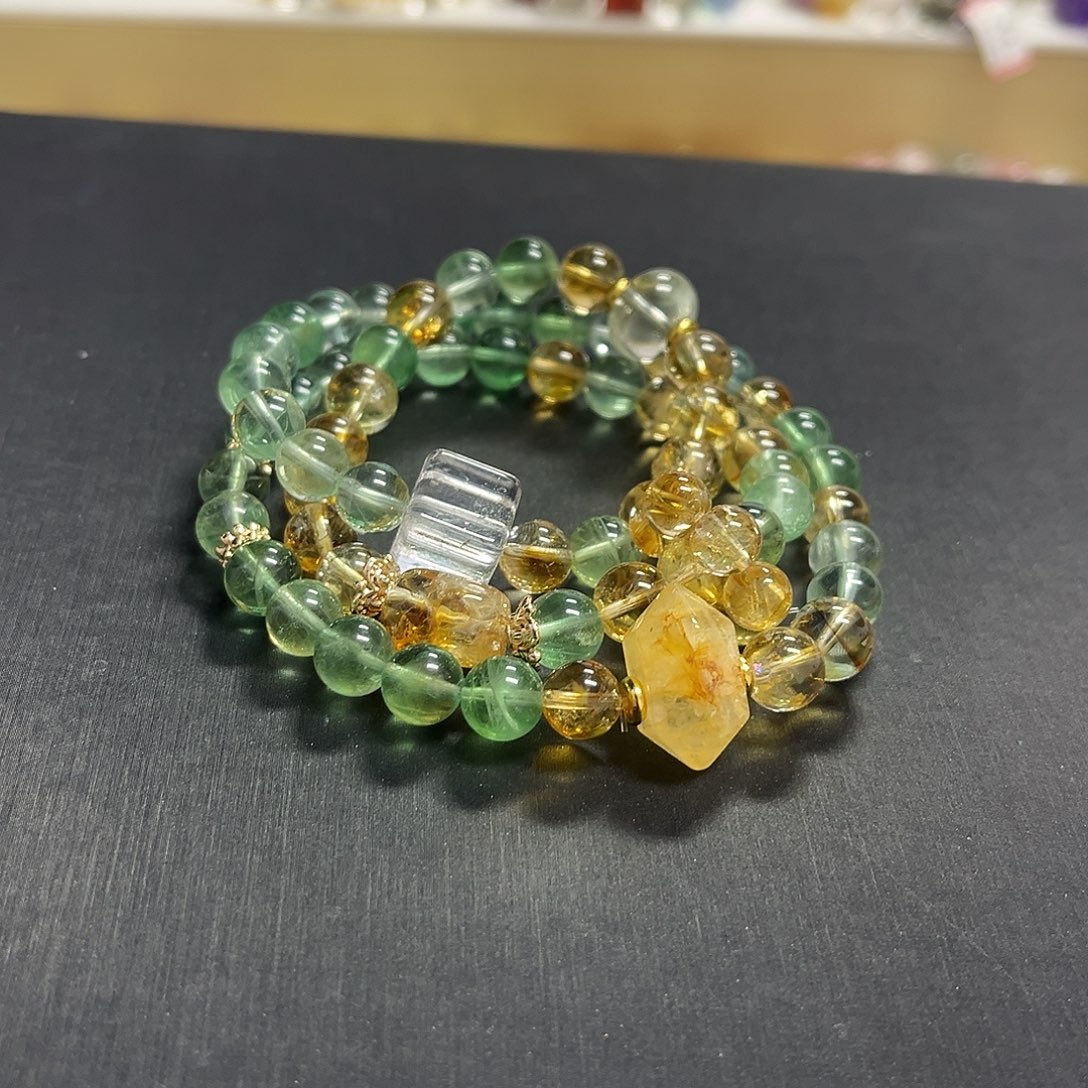 手链水晶未镶嵌黄塔晶加绿水晶三圈设计款手串