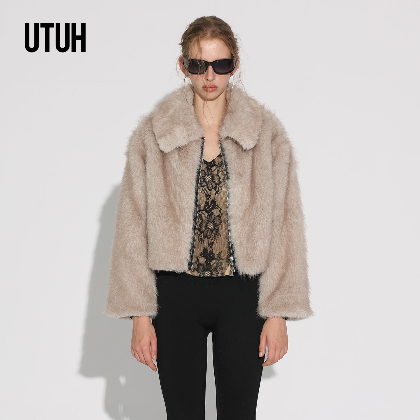 人造皮草 UTUH米杏翻领拼皮环保皮草翻领外套短款TLWWW1W421