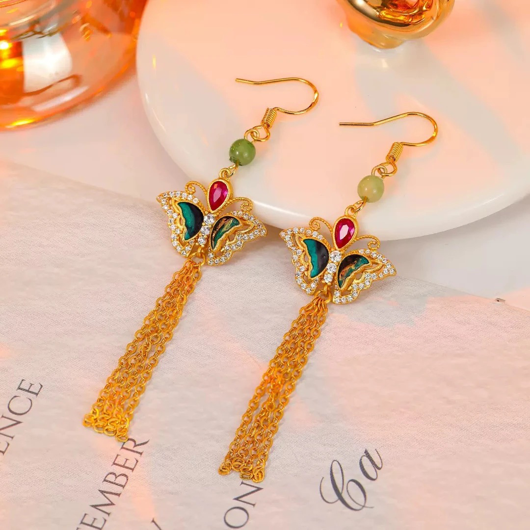 铜合金珐琅耳饰 新中式古风蝴蝶镀金耳环女轻奢宫廷风流苏