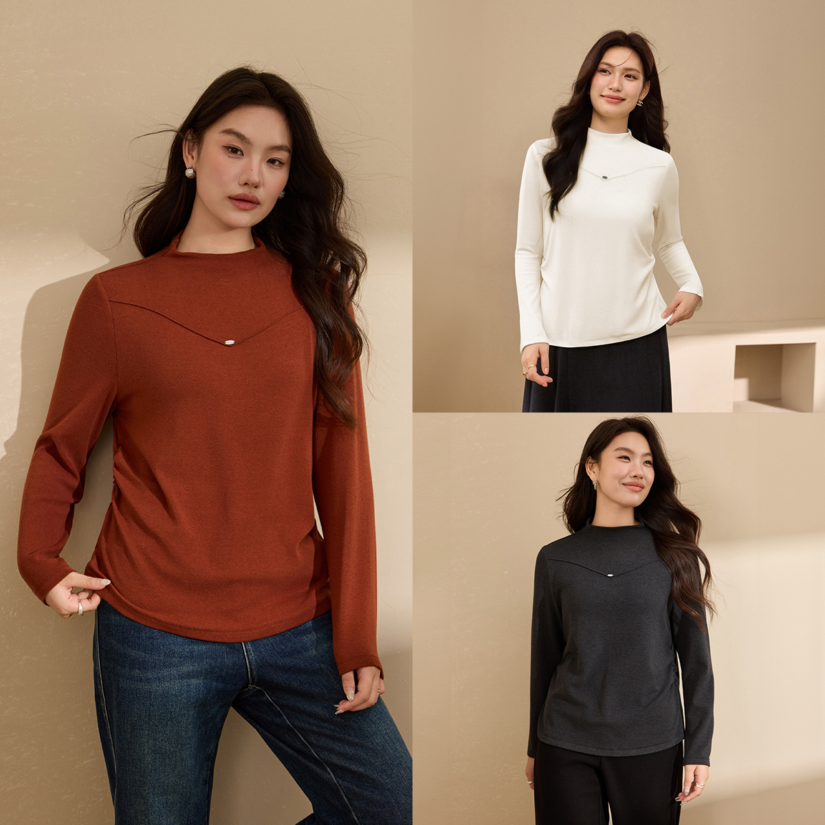 【半高领部褶皱显瘦针织衫】纤莉秀W大码女装简约气质优雅QK4650