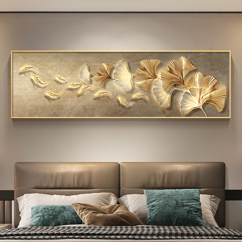 银杏叶卧室装饰画现代轻奢主卧室床头壁画高级感大气客厅挂画横幅