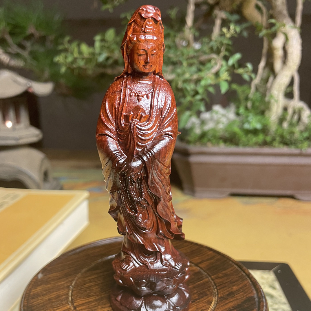 天然紫檀雕刻观音大士实木手把件文玩摆件招财工艺品