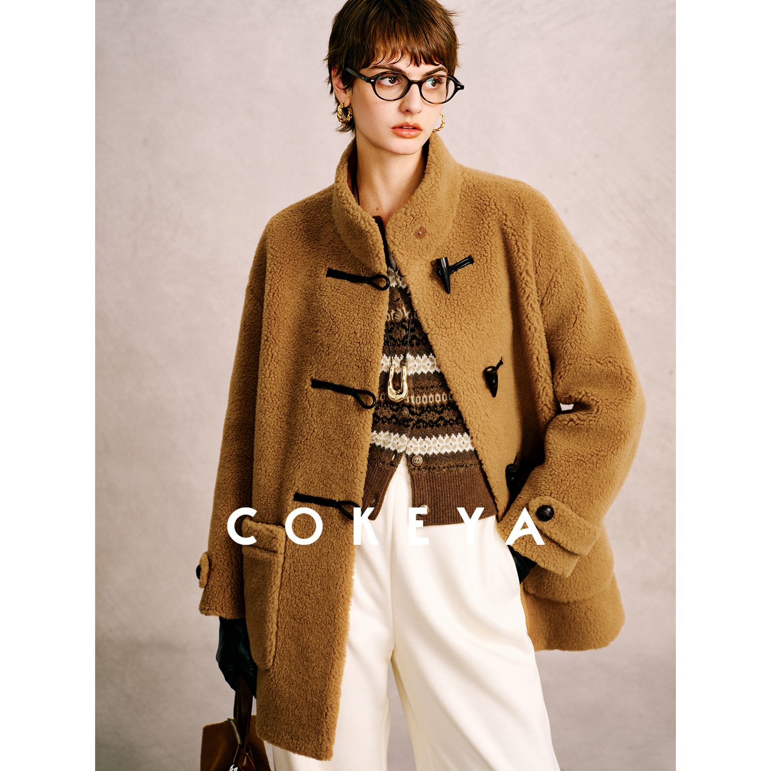 COKEYA/绒绒“泰迪熊”~意大利GUASTI琎口骆驼毛羊毛皮草外套女冬