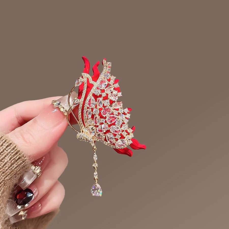 锌合金仿水晶胸针 红色流苏蝴蝶胸针高档奢华气质胸花旗袍配饰
