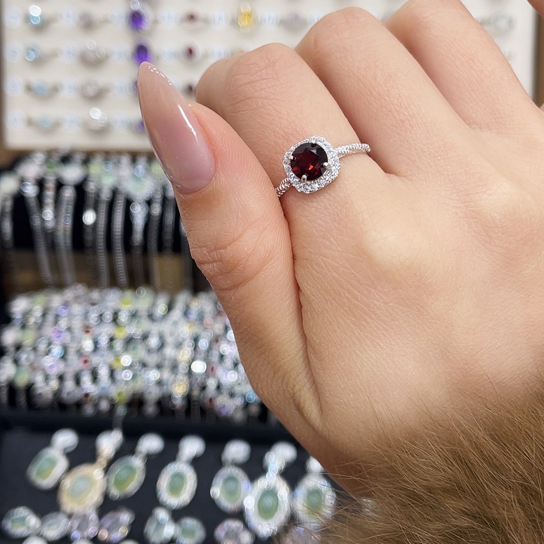 戒指石榴石银S925镶嵌