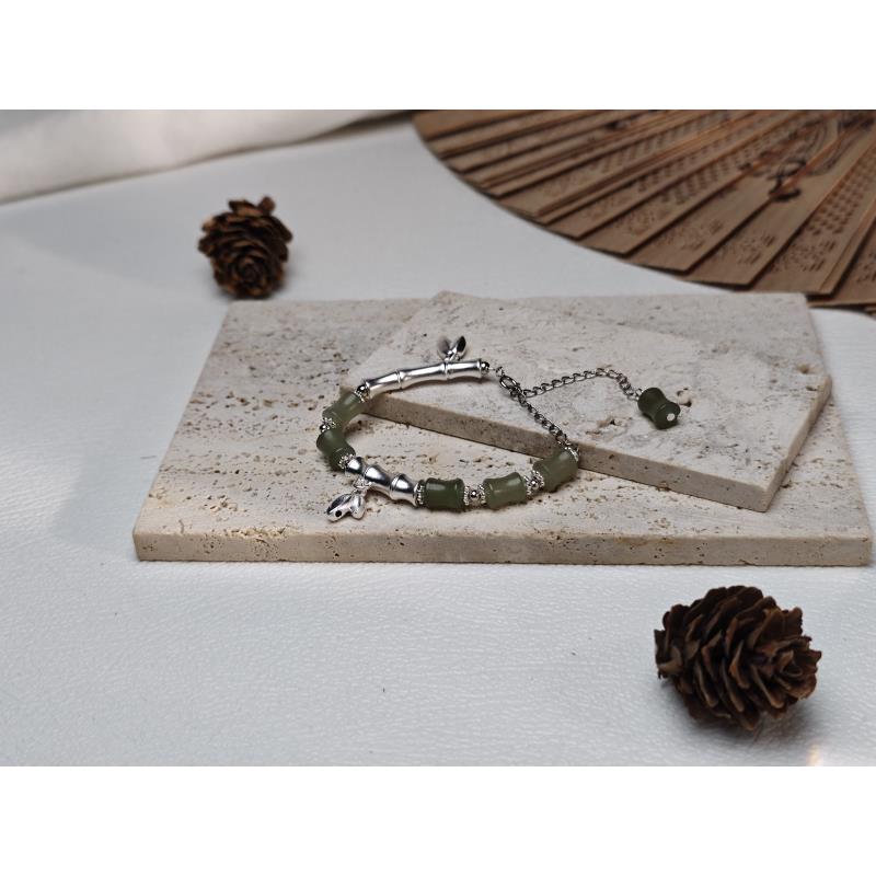 【要努力】B726 和田玉银S925镶嵌 和田玉竹竹手链