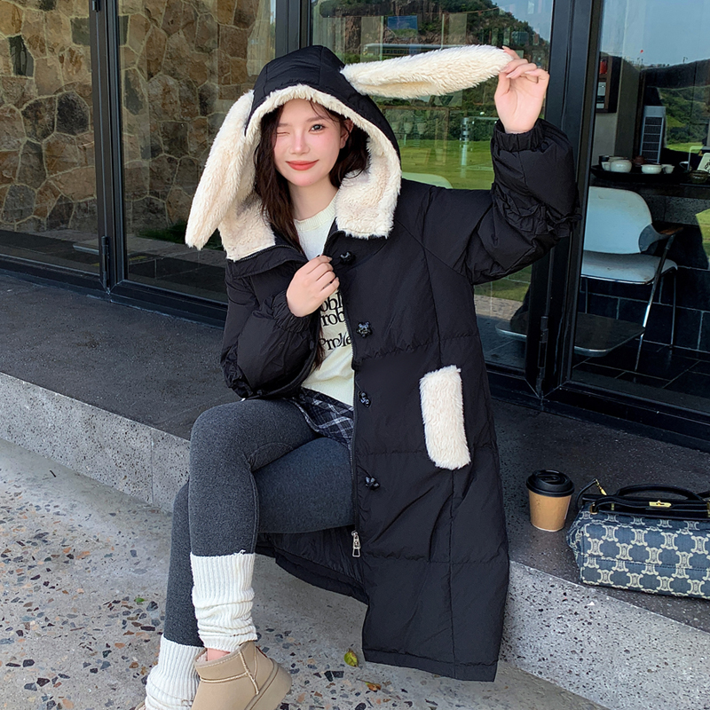 2025兔子帽加肥加大码200斤胖mm羽绒服女白鸭绒可爱少女风冬季款
