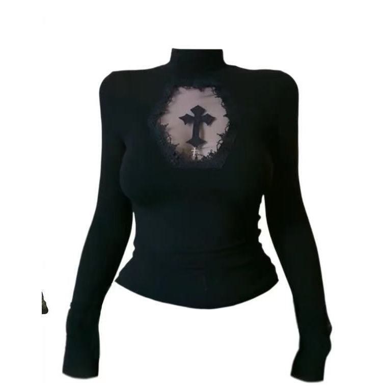 午餐肉家正肩网纱镂空T恤秋冬新款修身显瘦y2k亚比风上衣