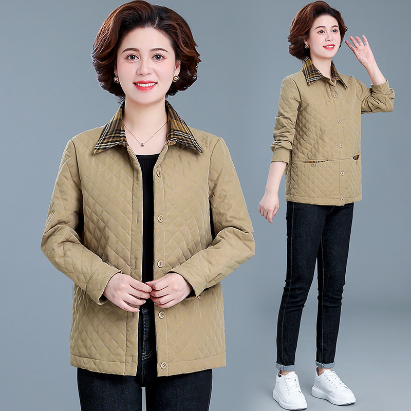 妈妈春秋装夹棉外套女新款夹克长袖上衣50岁中老年女装轻薄小棉衣